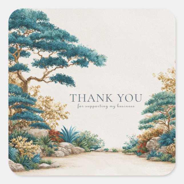 Zen Asian Pine Tree Misty Blue Watercolor Gold Square Sticker (Front)