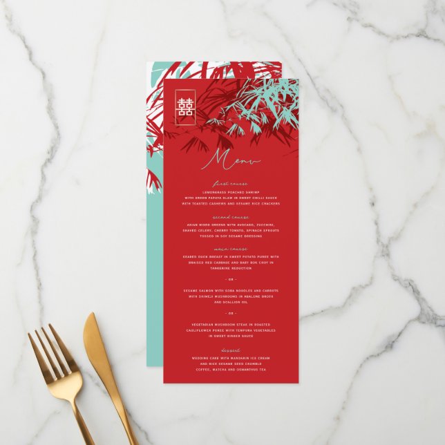 Zen Bamboo Leaves Double Happiness Chinese Wedding Menu (Front/Back In Situ)
