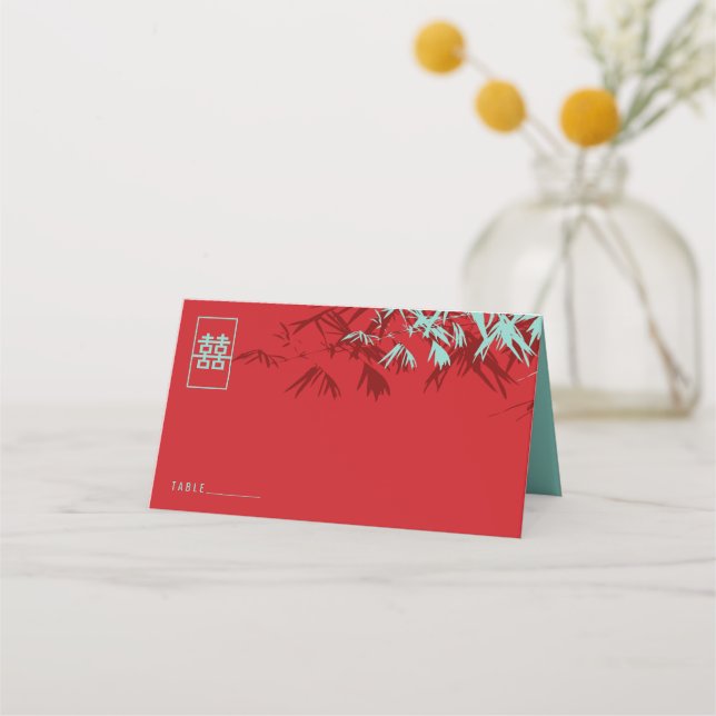 Zen Bamboo Leaves Double Happiness Chinese Wedding Place Card (Front)