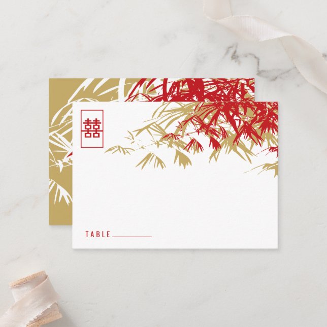 Zen Bamboo Leaves Double Happiness Chinese Wedding Place Card (Front/Back In Situ)