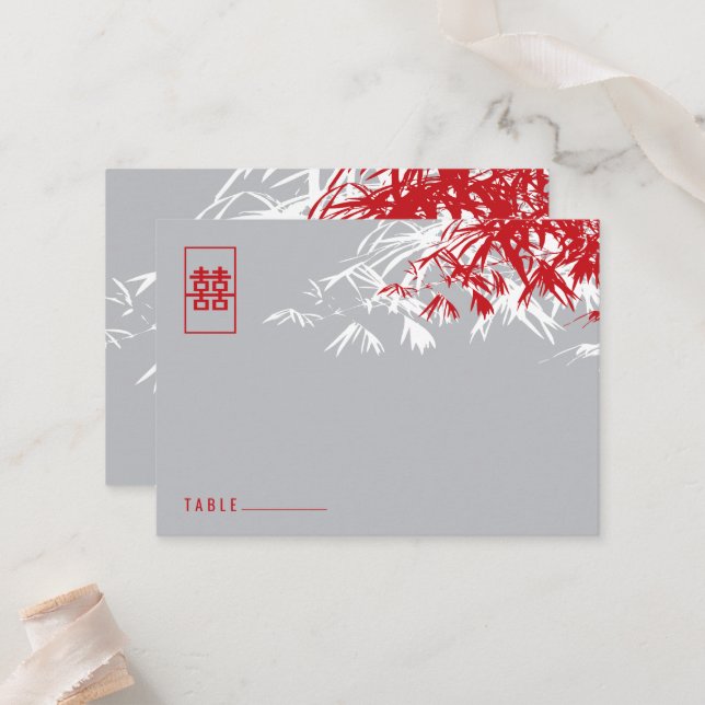 Zen Bamboo Leaves Double Happiness Chinese Wedding Place Card (Front/Back In Situ)