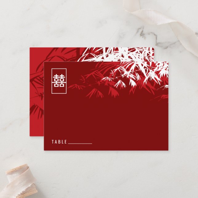 Zen Bamboo Leaves Double Happiness Chinese Wedding Place Card (Front/Back In Situ)