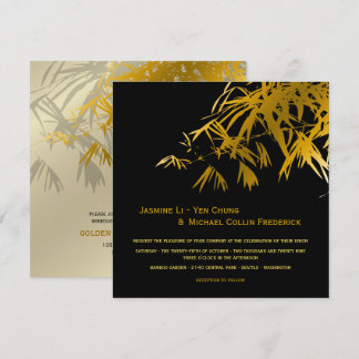 Zen Bamboo Leaves Gold Black Modern Asian Wedding Invitation