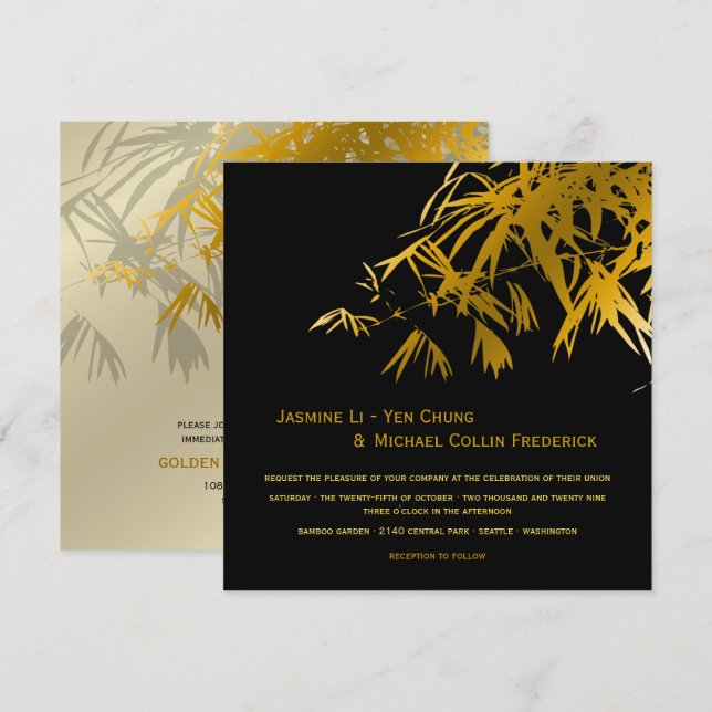 Zen Bamboo Leaves Gold Black Modern Asian Wedding Invitation (Front/Back)