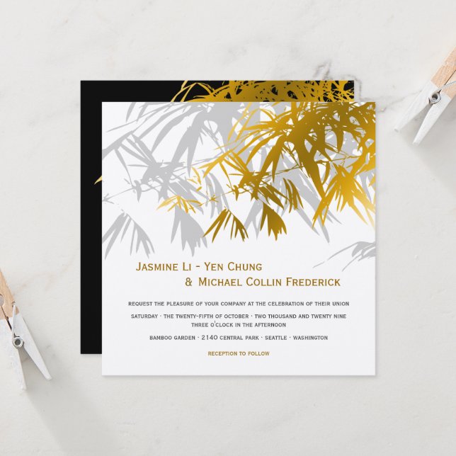 Zen Bamboo Leaves Gold Black Modern Asian Wedding Invitation (Front/Back In Situ)