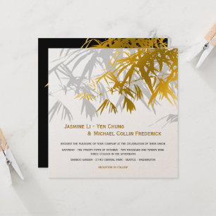 Zen Bamboo Leaves Gold Black Modern Asian Wedding Invitation