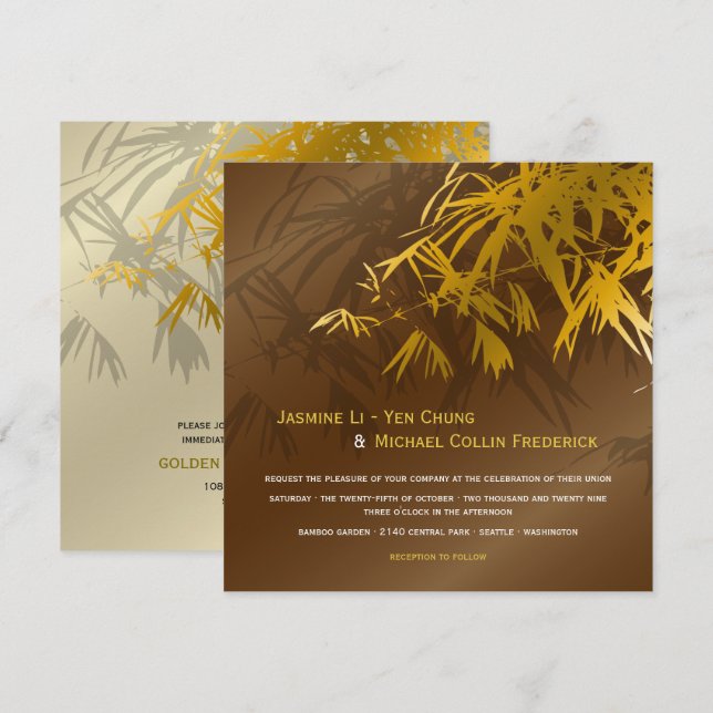 Zen Bamboo Leaves Gold & Brown Chic Asian Wedding Invitation (Front/Back)