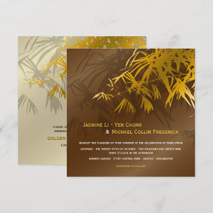 Zen Bamboo Leaves Gold & Brown Chic Asian Wedding Invitation