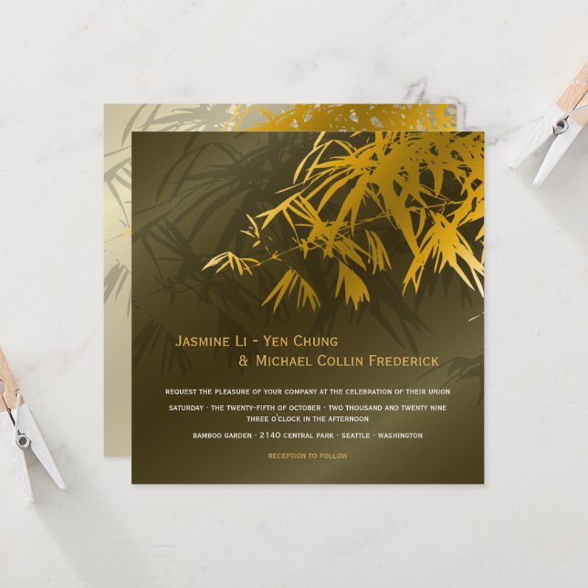 Zen Bamboo Leaves Gold & Green Chic Asian Wedding Invitation (Front/Back In Situ)