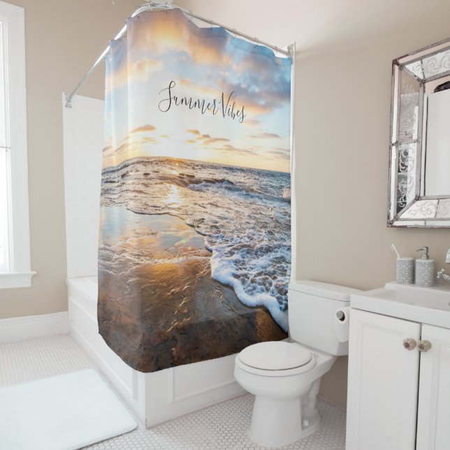Zen Beach Sunset Ocean Waves Shower Curtain (In Situ)