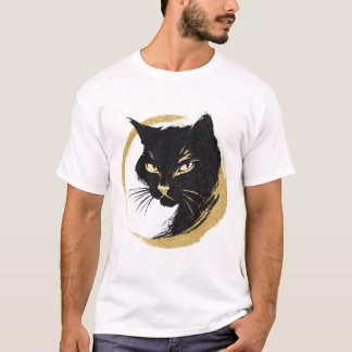 Zen Black Cat Gold Enso Minimalist Art Poster. T-Shirt