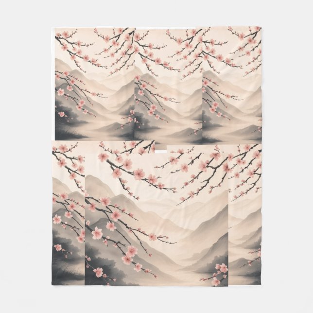 Zen Blossom Serenity: Ink Wash Harmony Description Fleece Blanket (Front)