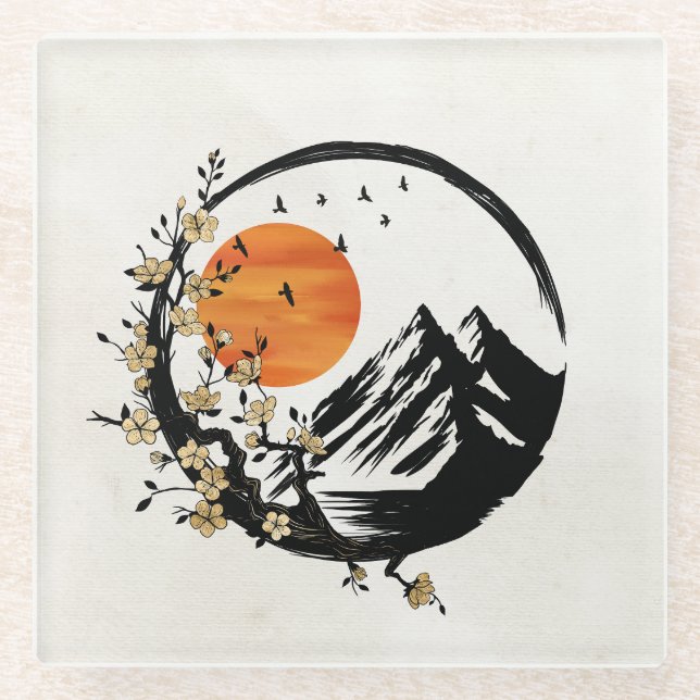 Zen Blossom: Sunrise Serenity Glass Coaster (Front)