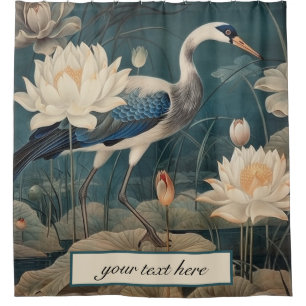 Zen Blue Crane Botanical Floral Custom Bathroom Shower Curtain