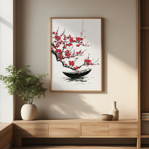 Zen Boat & Blossom Minimalist Ink Wall Art