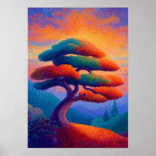 Zen Bonsai Tree Pointillism Landscape Art Poster