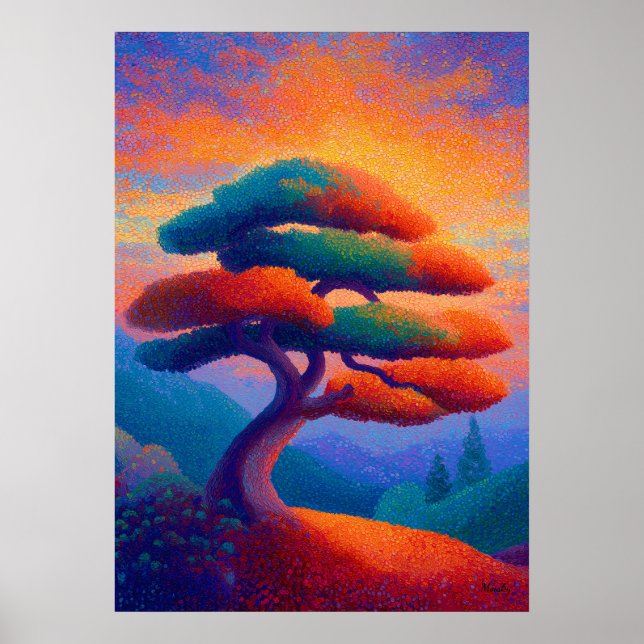 Zen Bonsai Tree Pointillism Landscape Art Poster (Front)
