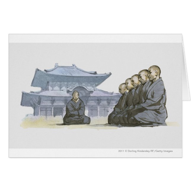 Zen Buddhist monks kneeling outside temple (Front Horizontal)