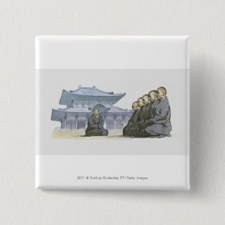 Zen Buddhist monks kneeling outside temple 15 Cm Square Badge