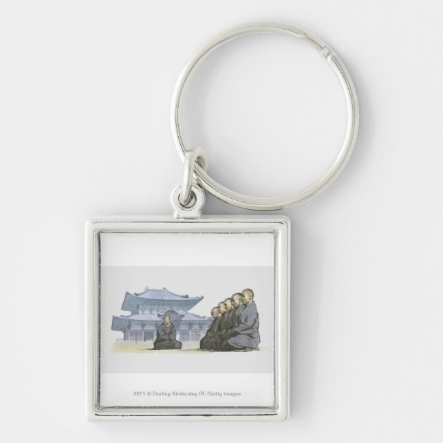 Zen Buddhist monks kneeling outside temple Key Ring (Front)