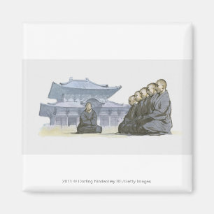 Zen Buddhist monks kneeling outside temple Magnet