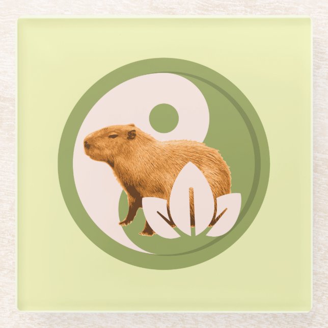 Zen Capybara Yin Yang Peaceful Nature Art Glass Coaster (Front)