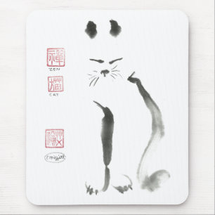 Zen Cat Meditation -  Sumi-e [ink painting] Mouse Mat