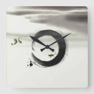Zen Circle Enso Koi Brush Painting Art Square Wall Clock