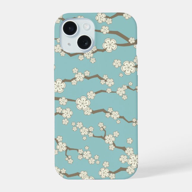 Zen Cream Sakura Cherry Blossom Flowers On Blue iPhone 15 Case (Back)