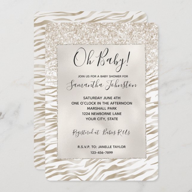 Zen Cream White Cocoa Brown Glitter Zebra Print Invitation (Front/Back)