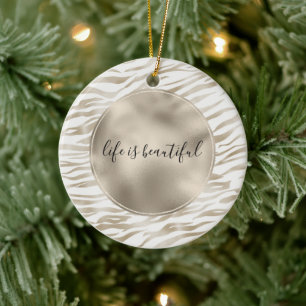 Zen Cream White Cocoa Brown Zebra Print Ceramic Tree Decoration