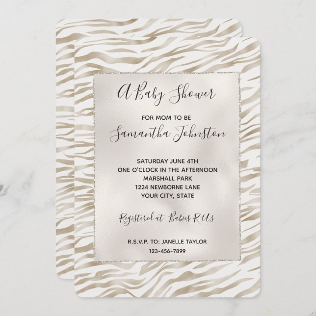 Zen Cream White Cocoa Brown Zebra Print Invitation (Front/Back)