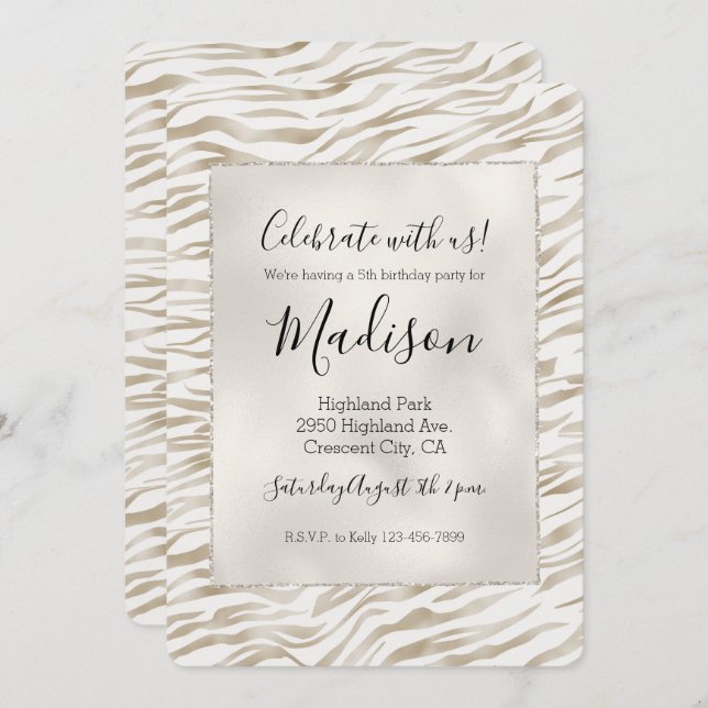 Zen Cream White Cocoa Brown Zebra Print Invitation (Front/Back)