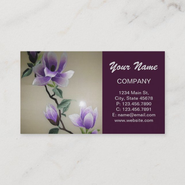 Zen Embroidery purple magnolia flower Business Card (Front)