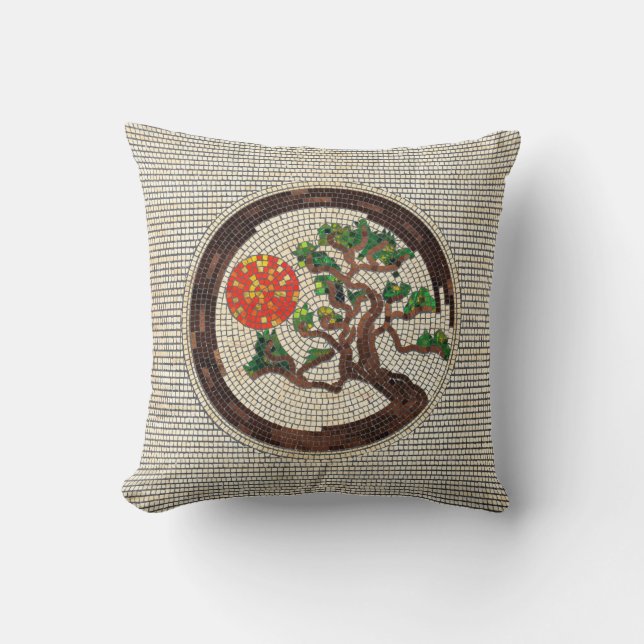 Zen Enso Circle and Bonsai Tree Mosaic Cushion (Front)