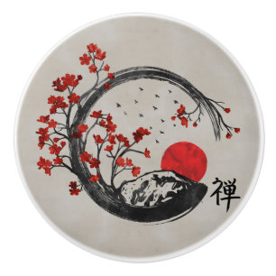 Zen Enso Circle and Sakura Branches Ceramic Knob