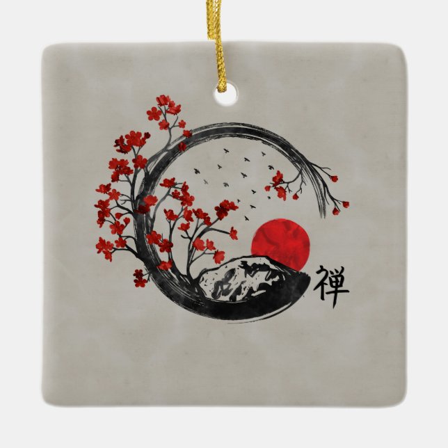 Zen Enso Circle and Sakura Branches Ceramic Ornament (Front)