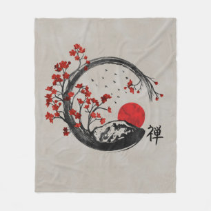 Zen Enso Circle and Sakura Branches Fleece Blanket