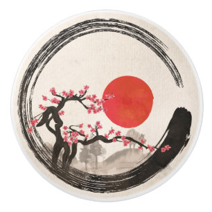 Zen Enso Circle and Sakura Tree Ceramic Knob