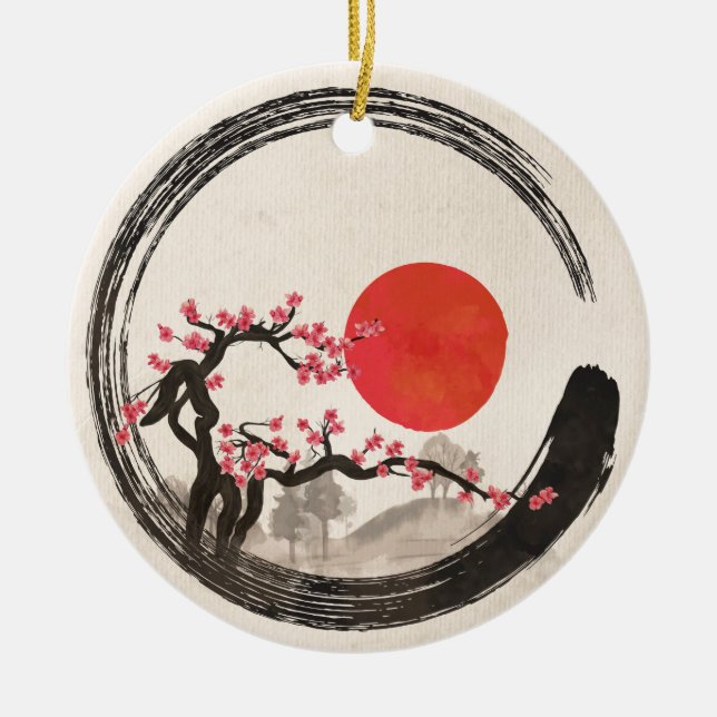 Zen Enso Circle and Sakura Tree Ceramic Tree Decoration (Front)