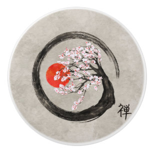 Zen Enso Circle and Sakura Tree on Canvas Ceramic Knob