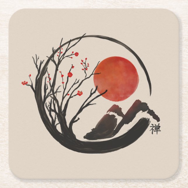 Zen Enso Circle and Sakura Tree Square Paper Coaster (Front)