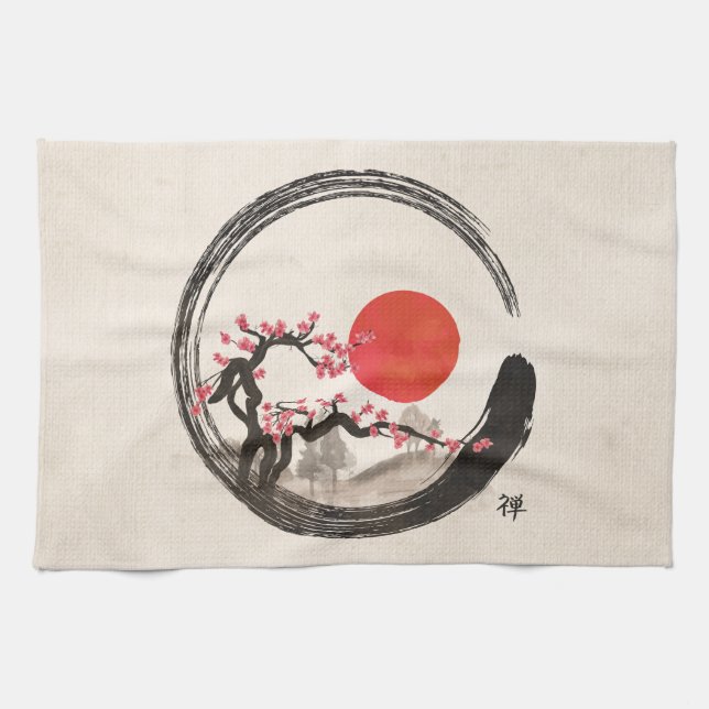 Zen Enso Circle and Sakura Tree Tea Towel (Horizontal)