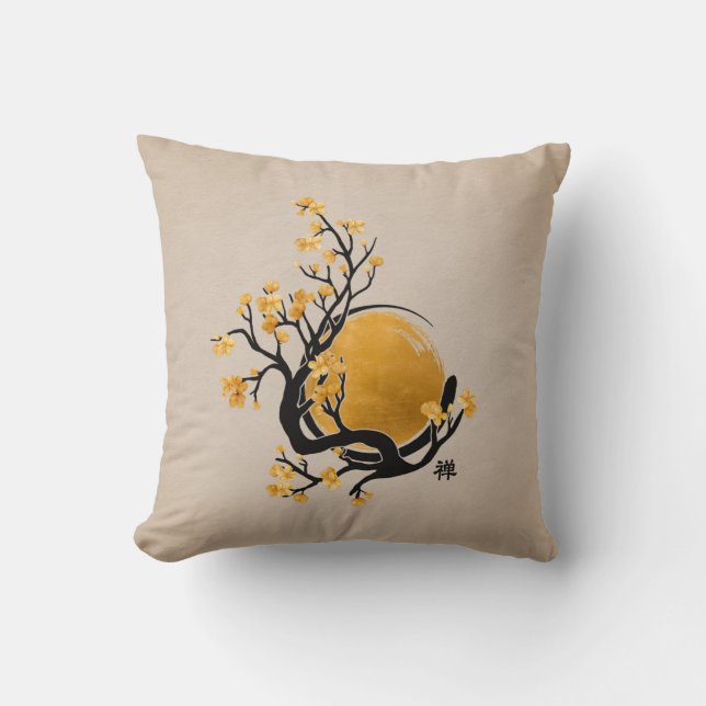 Zen Enso Circle, Golden Sun and Sakura Blossom Cushion (Front)