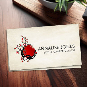 Zen Enso Circle, Sun and Red Sakura Blossom Business Card