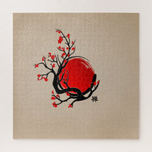 Zen Enso Circle, Sun and Red Sakura Blossom Jigsaw Puzzle
