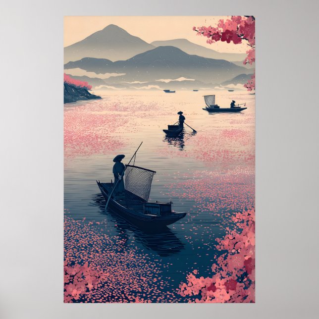 Zen Fishing Wall Art Calm Waterscape with Blossoms (Front)
