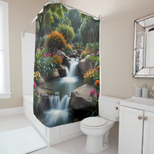 Zen Flower Garden with tree blooms and waterfall Shower Curtain