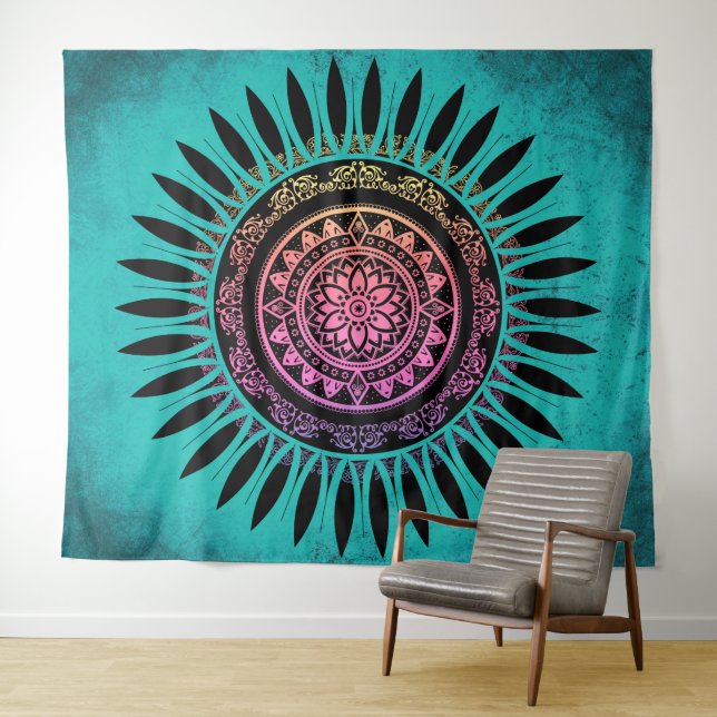 Zen Flower Mandala Blue & Pink Tapestry (In Situ (Horizontal))