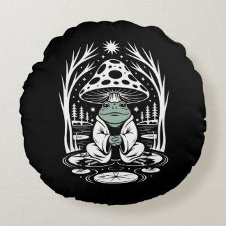 Zen Frog Under Mushroom– Meditating Frog Nature Round Cushion